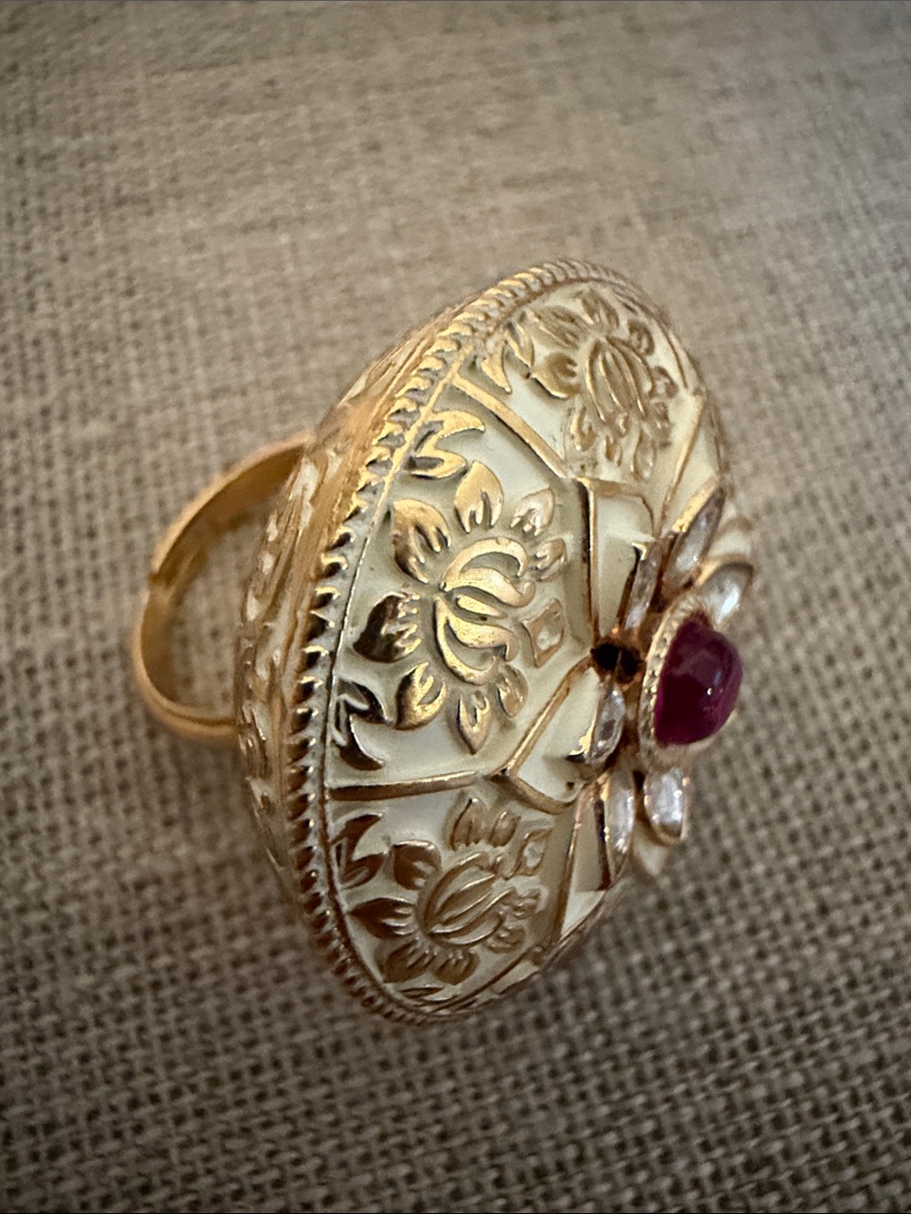 Gold-Tone Floral Enamel Cocktail Ring with Stone - Adjustable